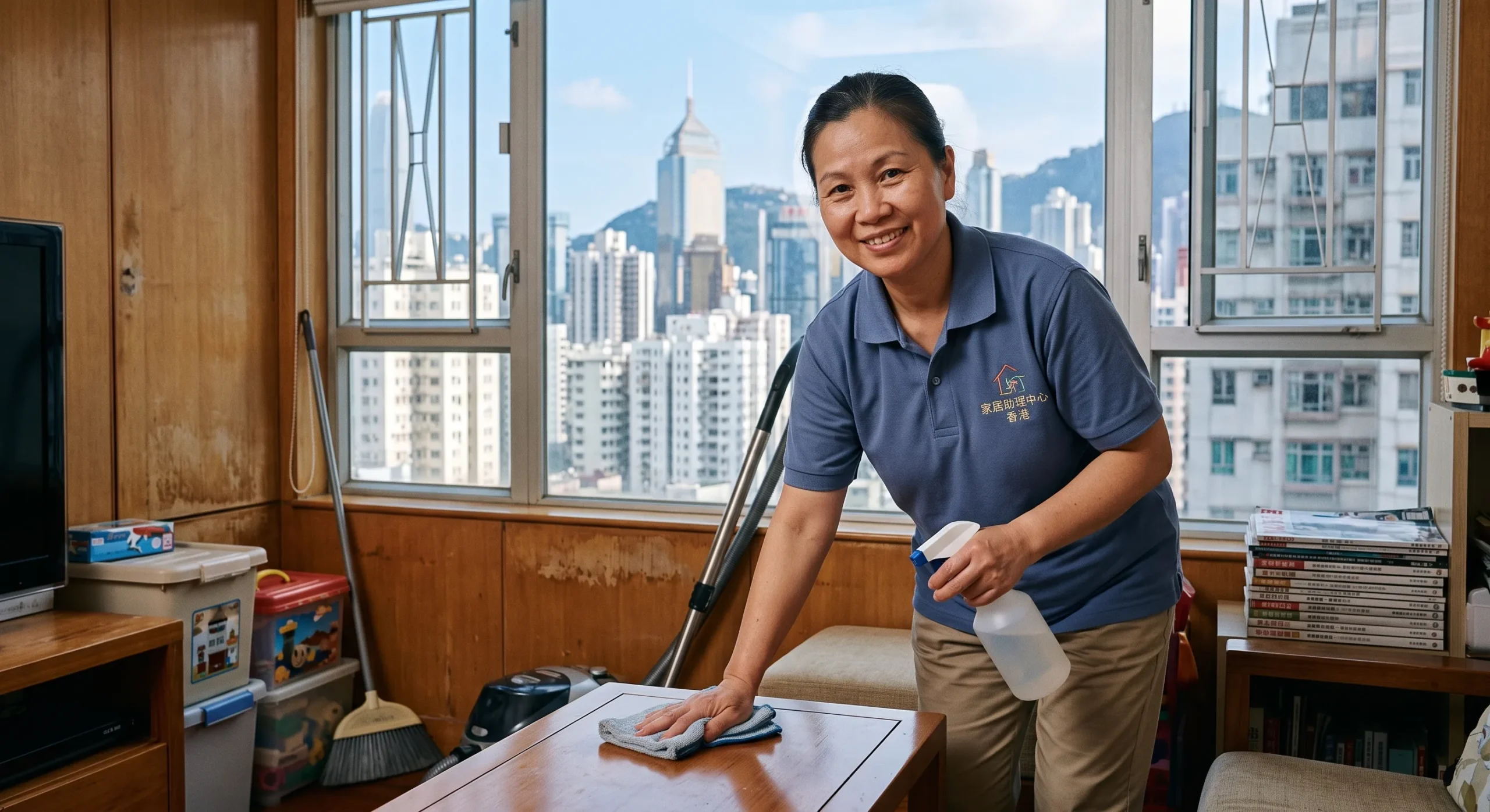 香港家務助理於家居客廳進行日常清潔與抹拭，展現親切可靠的鐘點家務服務 | 木白收納所