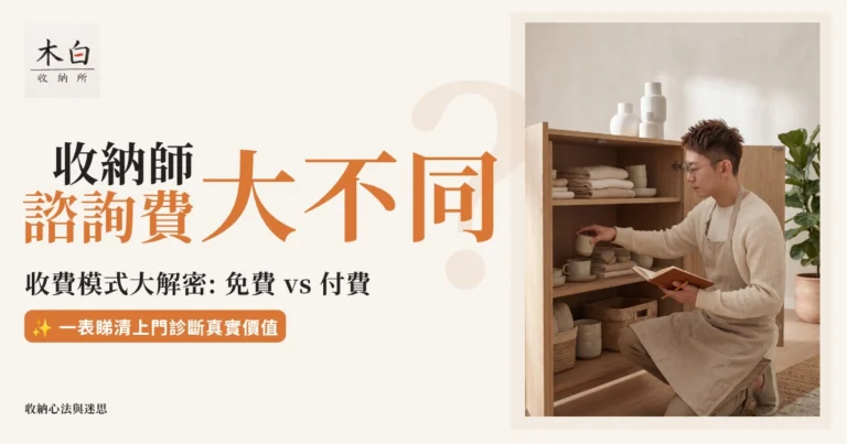 木白收納所文章封面圖,標題為「收納師諮詢費大不同?收費模式大解密:免費 vs 付費,一表睇清上門診斷真實價值」,配以專業收納師正在整理日系木櫃的畫面,吸引讀者了解上門執屋報價的細節。