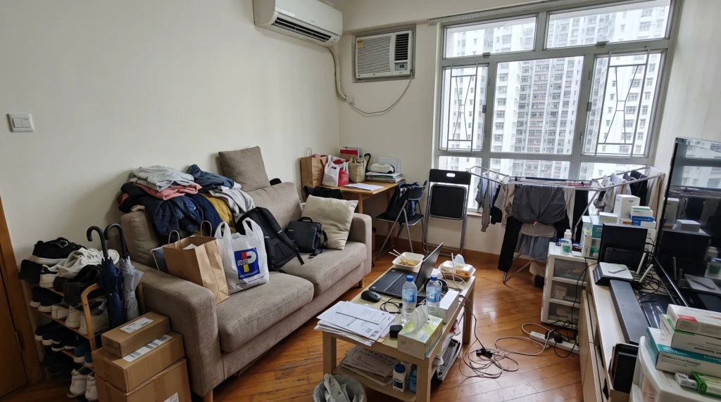 凌亂的香港客廳環境,帶出缺乏收納系統造成的隱藏成本與家庭矛盾 | 木白收納所