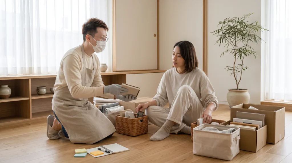 收納師穿著整齊制服，佩戴手套與室內拖鞋，與客人在場共同進行物品分類 | 木白收納所